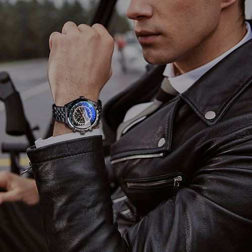 Jaragar-男性用の青いガラスの時計黒い銀の自動巻き時計ステンレス鋼の日付発光ビジネス機械式時計 S1144-9